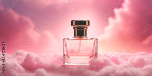 perfume bottle on a background of pink clouds