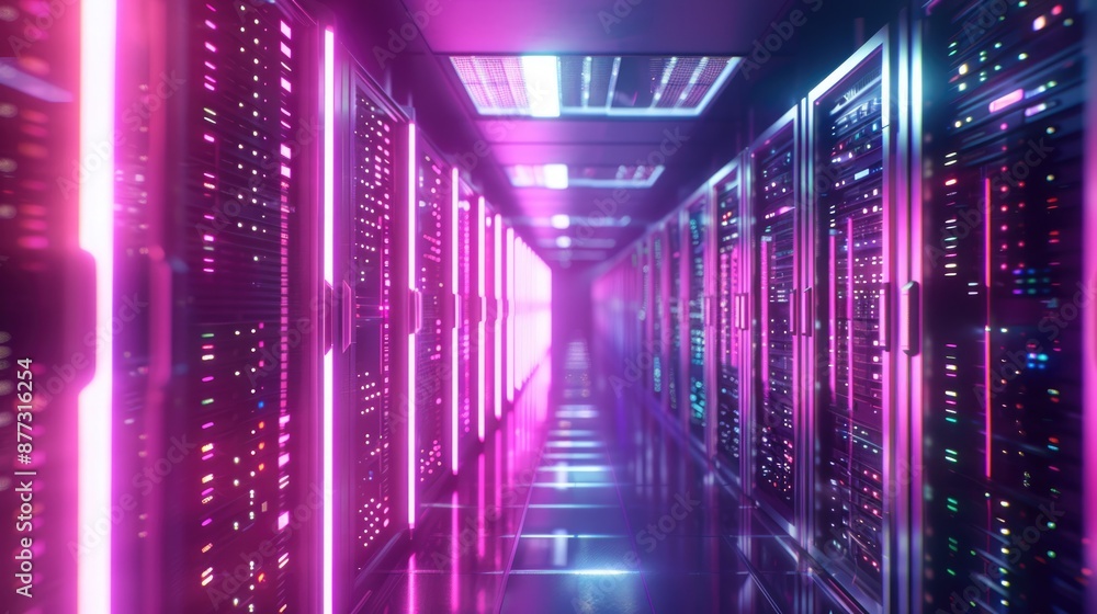 Data Center Light: 3D Rendering of High-Speed Servers and Network in Illuminated Corridor Data Center Light: 3D Rendering of High-Speed Servers and Network in Illuminated Corridor