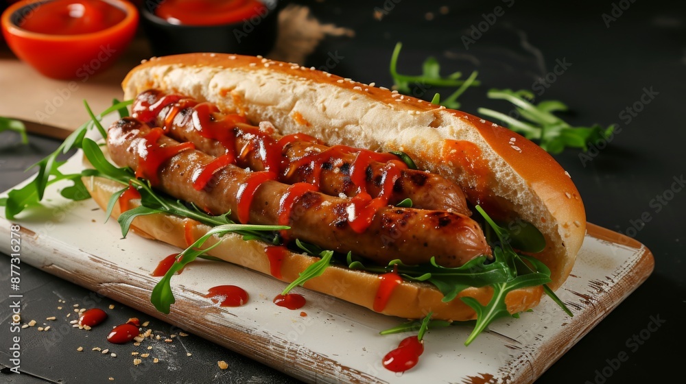 An appetizing bun with sausage and ketchup, served with rocket salad on a white wooden board An appetizing bun with sausage and ketchup, served with rocket salad on a white wooden board