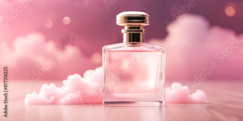 perfume bottle on a background of pink clouds