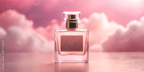 perfume bottle on a background of pink clouds