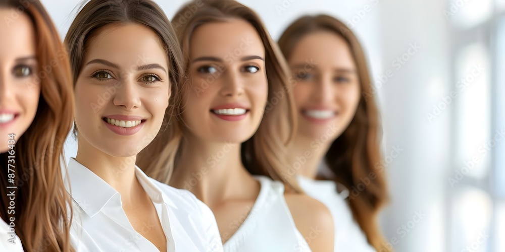 Obraz premium Professional group of businesswomen in office demonstrating unity teamwork and professionalism. Concept Office Teamwork, Professional Women, Unity in Business, Group Portraits