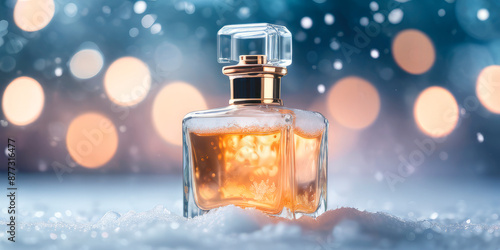 perfume bottle against the background of frost snow blurred lights