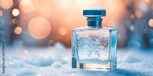 perfume bottle against the background of frost snow blurred lights