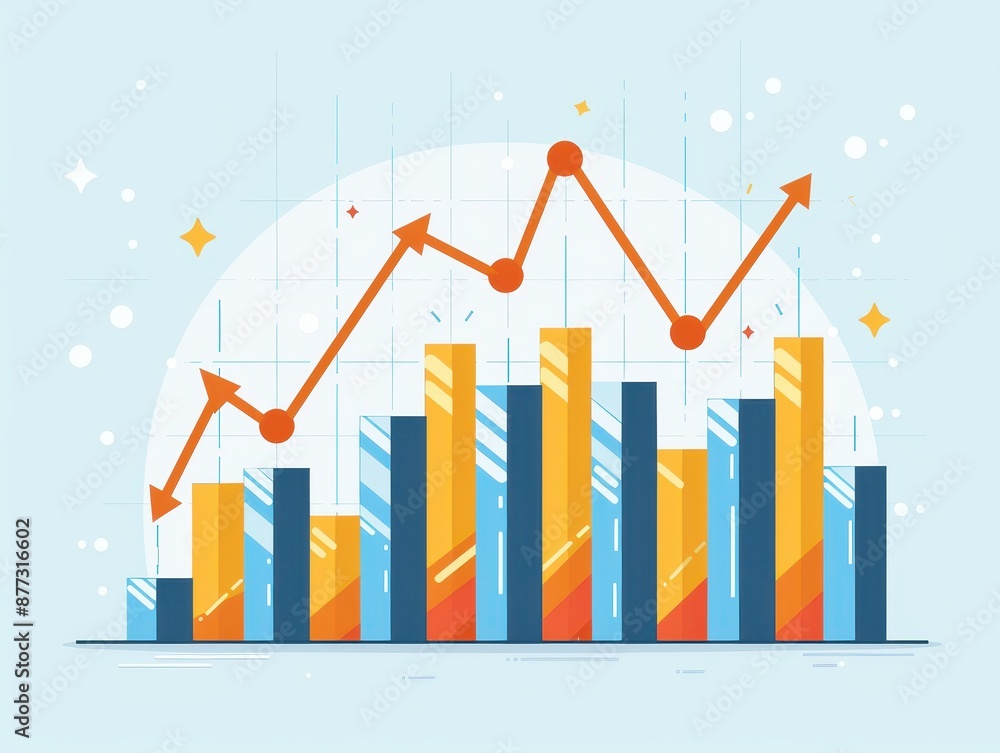 Colorful bar graph and line chart on a light blue background depicting data analysis and business growth. Perfect for financial presentations. Colorful bar graph and line chart on a light blue background depicting data analysis and business growth. Perfect for financial presentations.