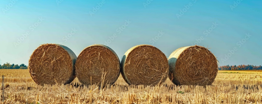 Four large hay bales aligned in a harvested field under a clear blue sky, showcasing rural farm life and agricultural scenery. Four large hay bales aligned in a harvested field under a clear blue sky, showcasing rural farm life and agricultural scenery.