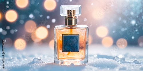 perfume bottle against the background of frost snow blurred lights