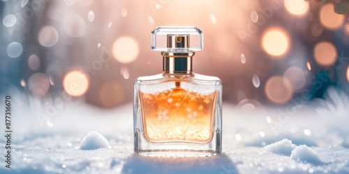 perfume bottle against the background of frost snow blurred lights
