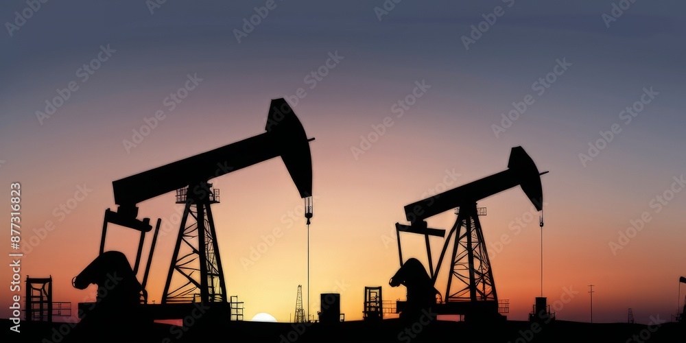 black silhouettes of oil rigs at sunset black silhouettes of oil rigs at sunset