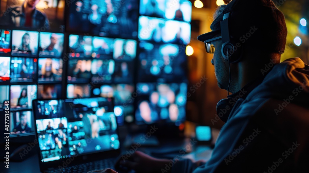 Person attending a virtual event on a laptop with multiple screens Person attending a virtual event on a laptop with multiple screens
