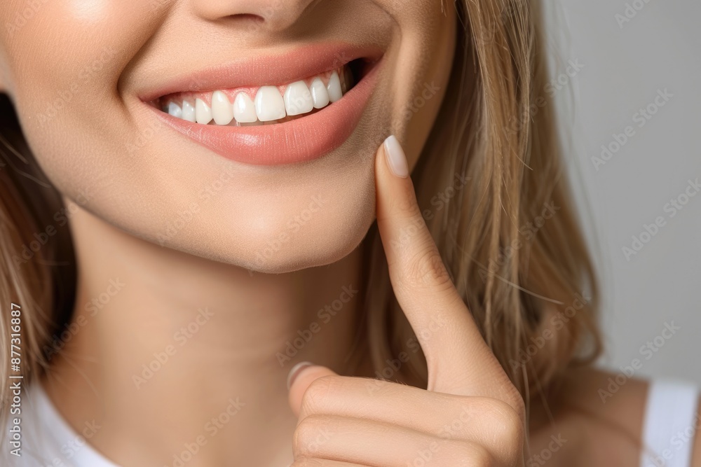 Gum Treatment. Adult woman demonstrating healthy gums on grey background, closeup Gum Treatment. Adult woman demonstrating healthy gums on grey background, closeup