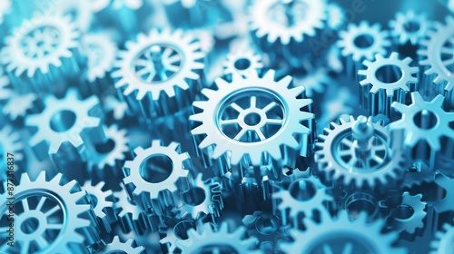 Wallpaper Mural Close-up of interconnected gears in varying sizes, showcasing mechanical precision and engineering complexity in a blue-toned image. Torontodigital.ca