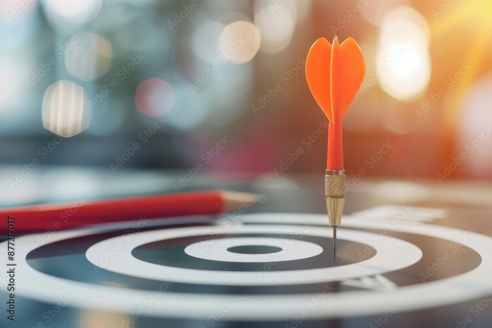 Fototapeta premium Close-up of a dart hitting the bullseye on a dartboard, symbolizing precision, focus, and achievement. Blurred background with warm sunlight.