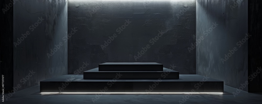 Minimalist dark room with black glass podium under spotlight Minimalist dark room with black glass podium under spotlight