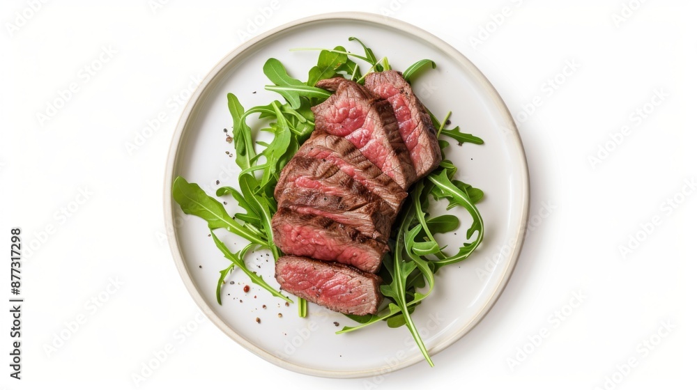Sirloin bottom beef steak on a plate with arugula, isolated on a white background Sirloin bottom beef steak on a plate with arugula, isolated on a white background