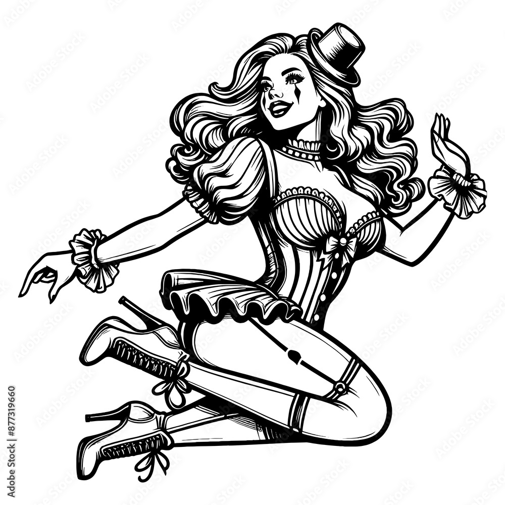 Vintage Pin up Girl In Playful Attire Corset Stockings And A Mini Vintage pin up girl in playful attire corset stockings and a mini