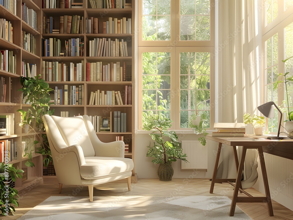 Fototapeta premium A cozy reading nook with a comfortable armchair, a wooden desk, and a large window overlooking a lush green garden. The room is filled with bookshelves and natural light.