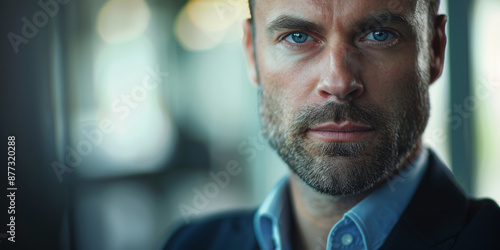 A businessman with piercing blue eyes, a focused look, and a trimmed beard appears to be in a lead generation training session, gazing at the camera.