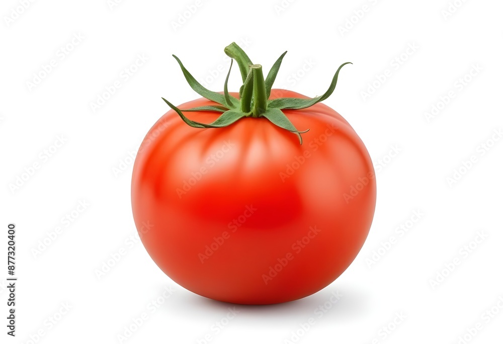 A Ripe, Red Tomato with a Green Stem and Leaves - Fresh and Juicy Garden Delight A Ripe, Red Tomato with a Green Stem and Leaves - Fresh and Juicy Garden Delight