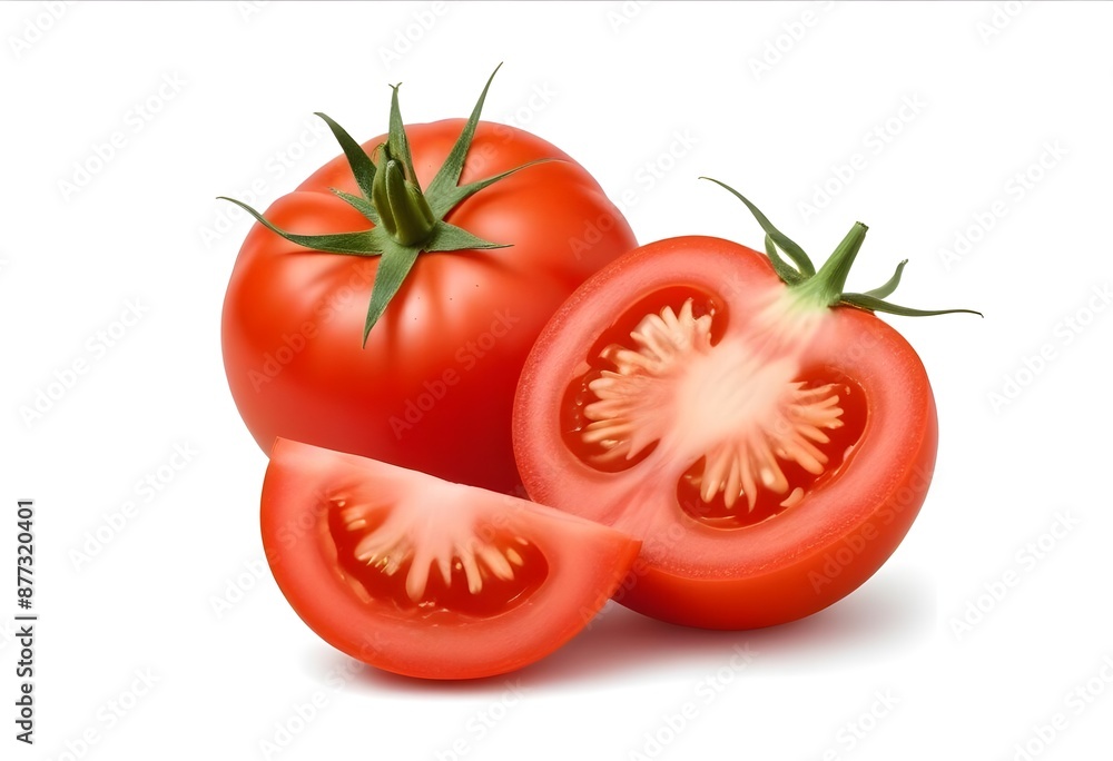 Red Ripe Tomatoes with Green Stems, One Sliced in Half Revealing the Juicy Flesh and Seeds Inside - Fresh and Vibrant Garden Produce Red Ripe Tomatoes with Green Stems, One Sliced in Half Revealing the Juicy Flesh and Seeds Inside - Fresh and Vibrant Garden Produce