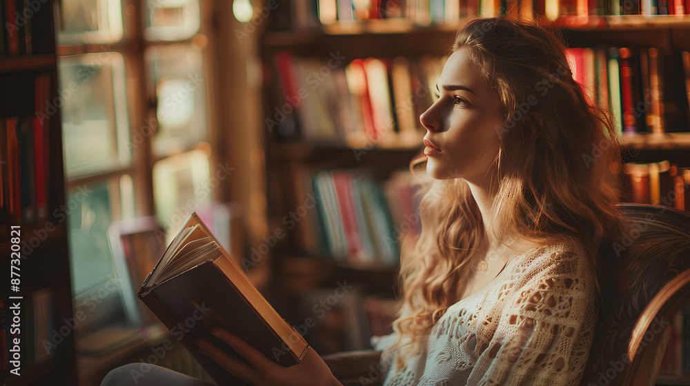 a beautiful woman reading a book in the library a beautiful woman reading a book in the library