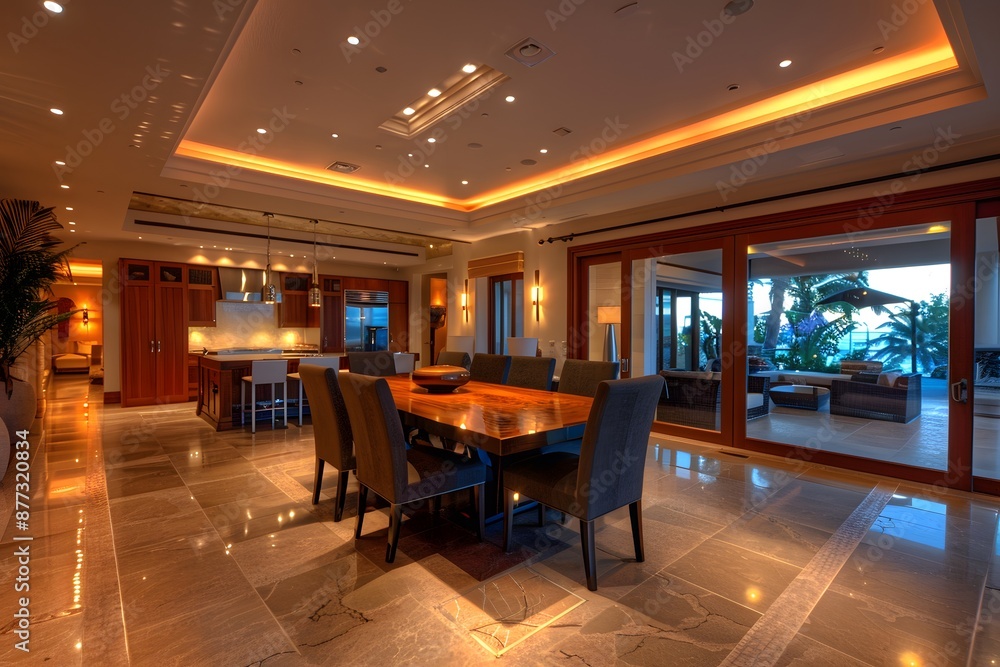Φωτογραφία A detailed photo of a luxury home's dining room with a smart home automation system, including automated lighting and climate control