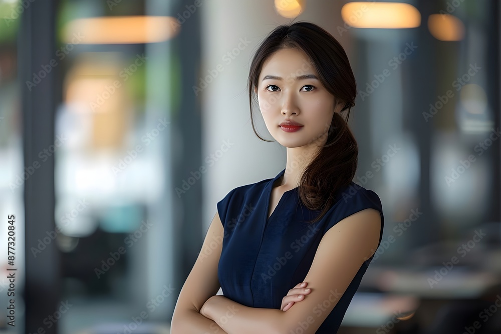 Young Asian businesswoman in an office setting, standing with her arms folded, wearing a sophisticated dark blue dress, soft and professional lighting Young Asian businesswoman in an office setting, standing with her arms folded, wearing a sophisticated dark blue dress, soft and professional lighting
