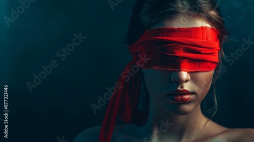 Portrait of a young woman with a red blindfold on a dark background with space to copy.