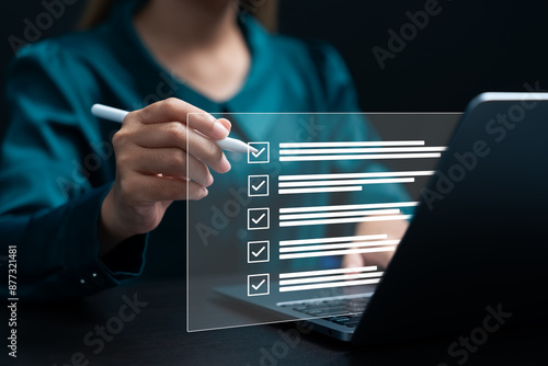 Принти на полотні A businesswoman leverage online surveys and digital tools to gather insights, Document Management Checking System