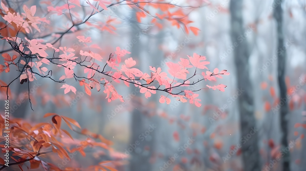 Pink Autumn Leaves in a Misty Forest. Pink Autumn Leaves in a Misty Forest.