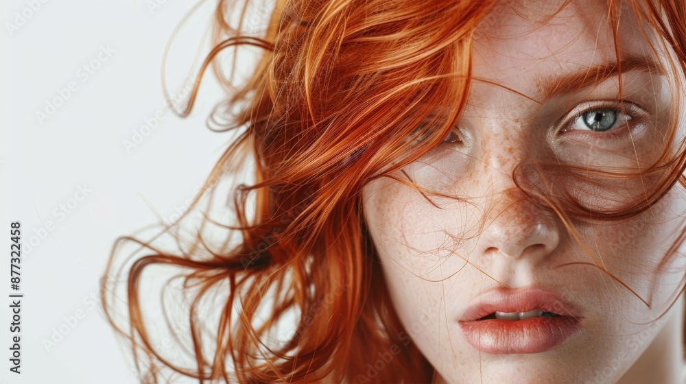 A woman with copper-colored red hair on a light background. A woman with copper-colored red hair on a light background.