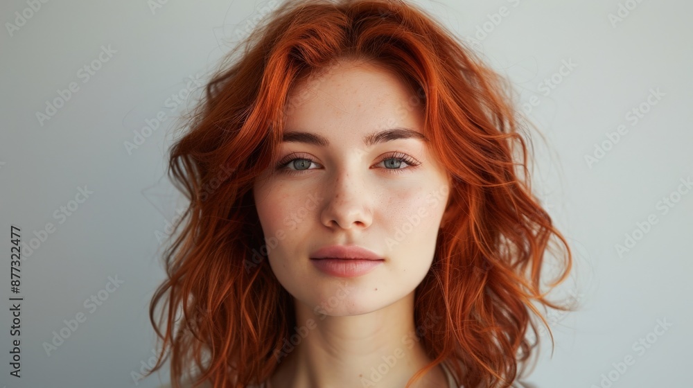 Naklejka premium A woman with copper-colored red hair on a light background.
