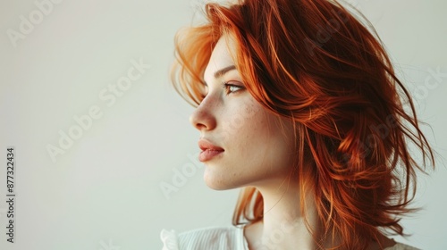 A woman with copper-colored red hair on a light background.
