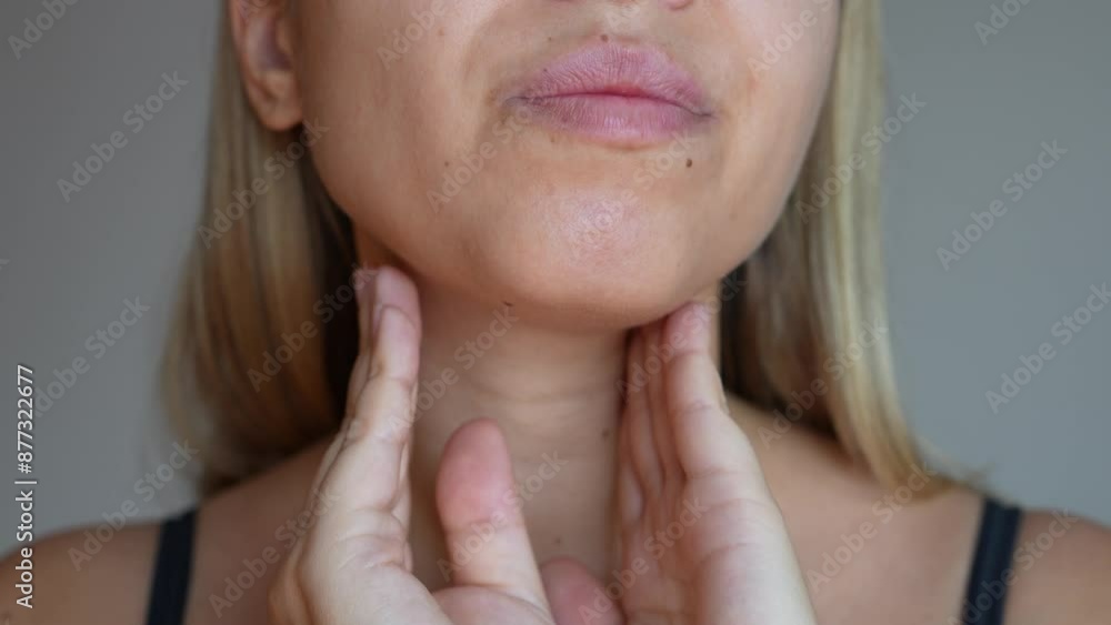 Young blonde woman with throat ache touching enlarged inflamed lymph nodes under jaw on her neck on dark grey background. Flu, cold, covid, tonsillitis, sars virus, inflamed tonsils. Sore throat Young blonde woman with throat ache touching enlarged inflamed lymph nodes under jaw on her neck on dark grey background. Flu, cold, covid, tonsillitis, sars virus, inflamed tonsils. Sore throat