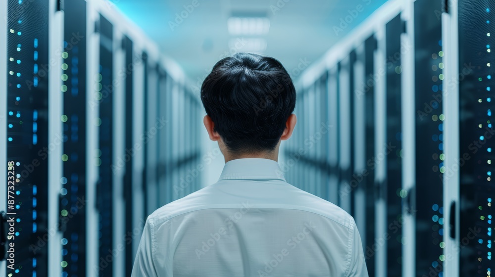 The Engineer in Server Room, back view, cinematic photography, a high-resolution photo, with copy space, focus cover all object, deep dept of field The Engineer in Server Room, back view, cinematic photography, a high-resolution photo, with copy space, focus cover all object, deep dept of field