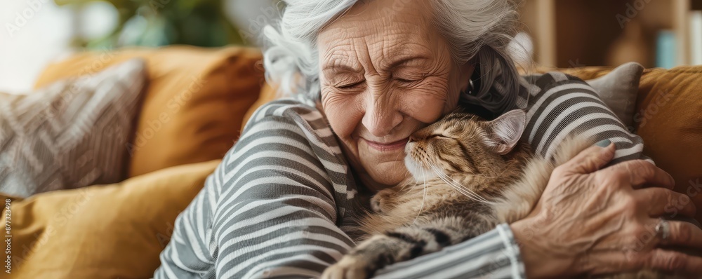 Senior woman hugging her cat, both looking happy.