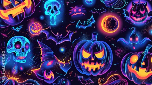 Halloween background illustration featuring vibrant neon colors and spooky elements, ideal for festive and fun designs.