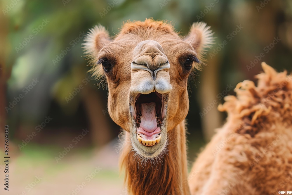 Obraz premium Profile view of a camel making a funny face and showing teeth in an outdoor environment, amid greenery.