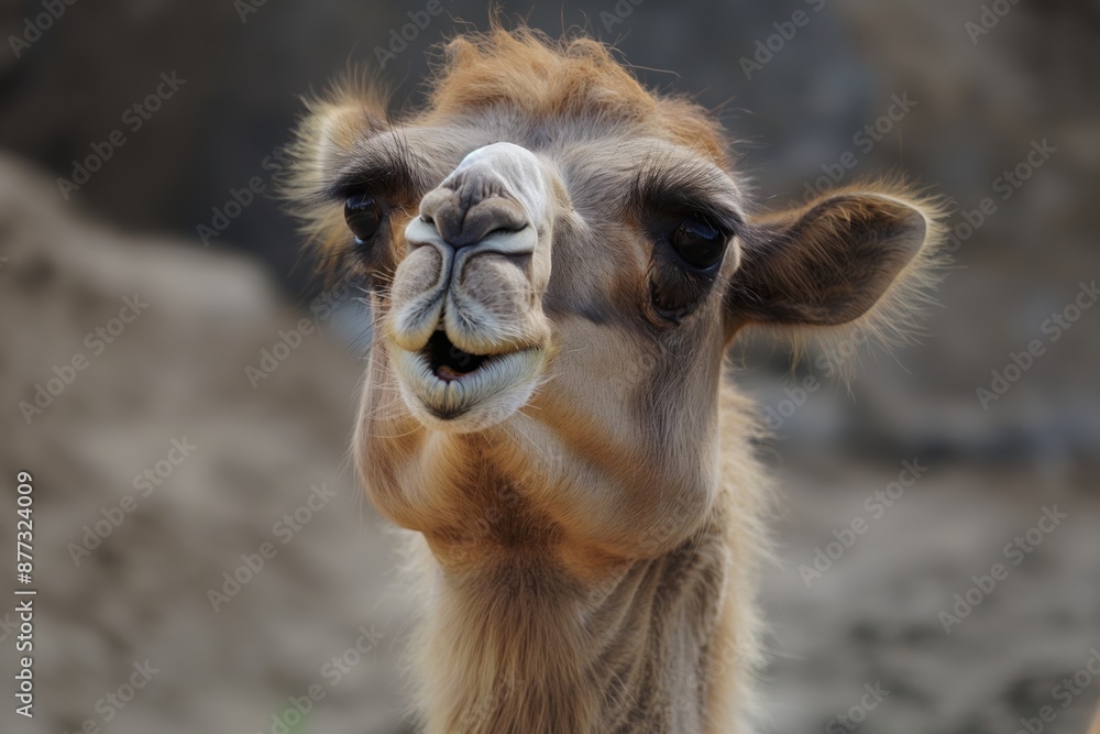 Fototapeta premium Close-up of a camel with mouth open and a cheerful look, standing outdoors with a sandy background.