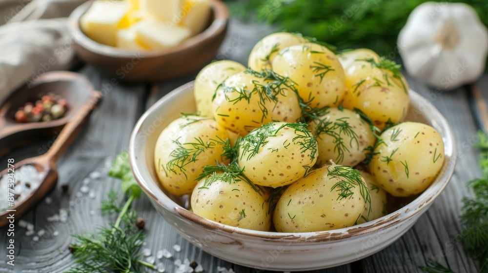 Boiled potatoes garnished with fresh dill and herbs in a white bowl Boiled potatoes garnished with fresh dill and herbs in a white bowl