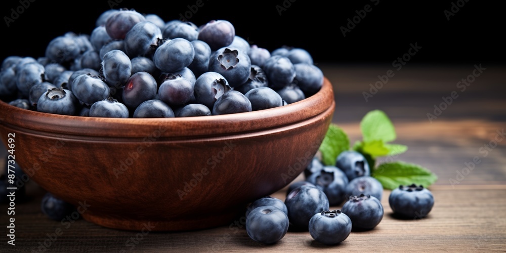 A wooden bowl filled with fresh blueberries, some spilled, with mint leaves and a dark wooden background. A wooden bowl filled with fresh blueberries, some spilled, with mint leaves and a dark wooden background.