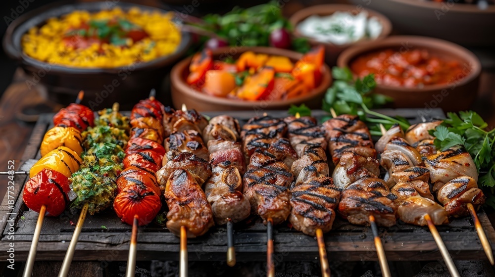 Delicious Grilled Skewers with Vibrant Side Dishes - Generative AI Delicious Grilled Skewers with Vibrant Side Dishes - Generative AI
