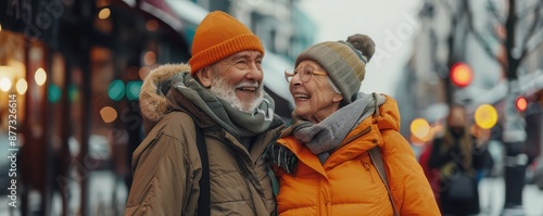 A senior couple is smiling and hugging each other in the snow. Free copy space for text.