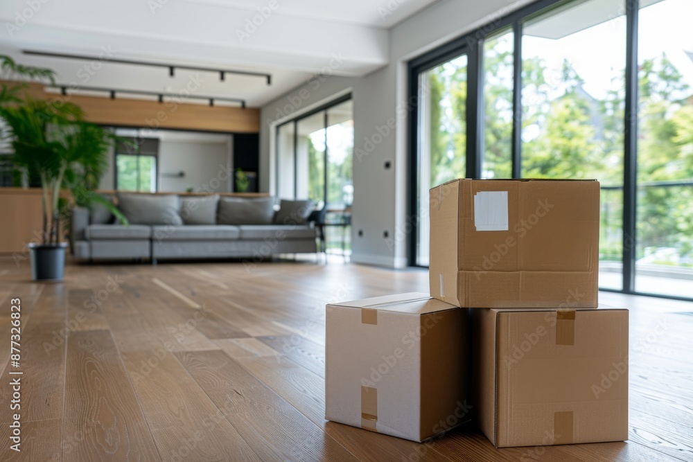 Moving Day: Cardboard Boxes on Hardwood Floor in a Modern Living Room Moving Day: Cardboard Boxes on Hardwood Floor in a Modern Living Room