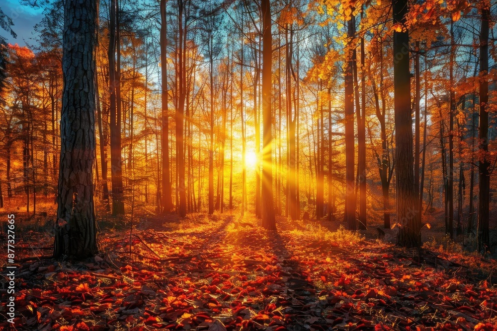 Obraz premium Beautiful autumn forest with golden sunlight filtering through the trees, casting long shadows on the fallen leaves.