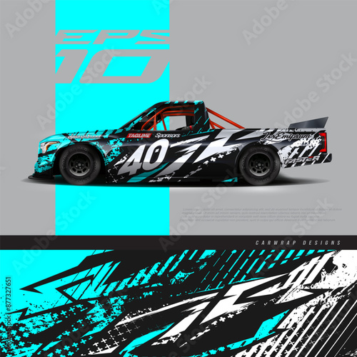 Racing pickup truck wrap grunge background design vector. Graphic abstract stripe racing grunge background kit designs for wrap vehicle, race car, rally, adventure and livery