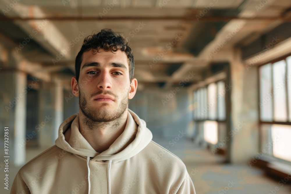 Portrait of a tender man in his 20s sporting a comfortable hoodie while standing against empty modern loft background Portrait of a tender man in his 20s sporting a comfortable hoodie while standing against empty modern loft background