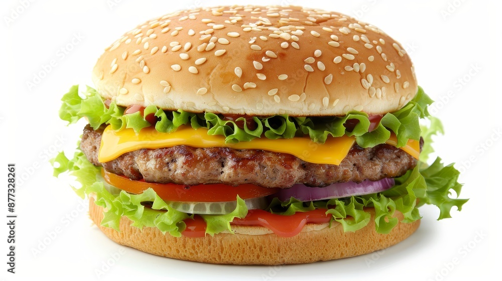 Delicious Cheeseburger with Sesame Seed Bun Isolated on White Background Delicious Cheeseburger with Sesame Seed Bun Isolated on White Background