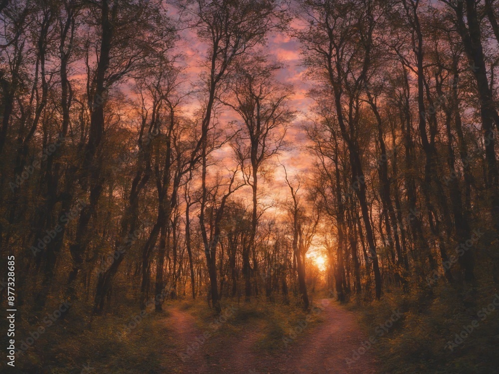 Obraz premium a forest path, full of lights, with a beautiful sky at sunset