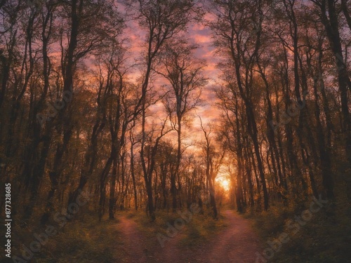 a forest path, full of lights, with a beautiful sky at sunset